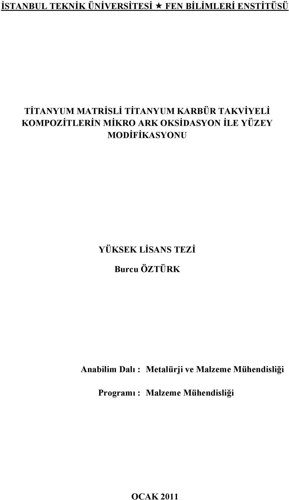 İLE YÜZEY MODİFİKASYONU YÜKSEK LİSANS TEZİ Burcu ÖZTÜRK Anabilim Dalı