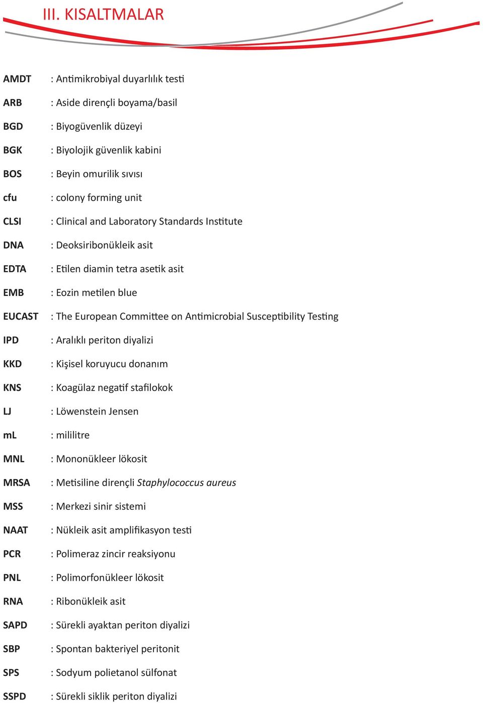 : Eozin metilen blue : The European Committee on Antimicrobial Susceptibility Testing : Aralıklı periton diyalizi : Kişisel koruyucu donanım : Koagülaz negatif stafilokok : Löwenstein Jensen :