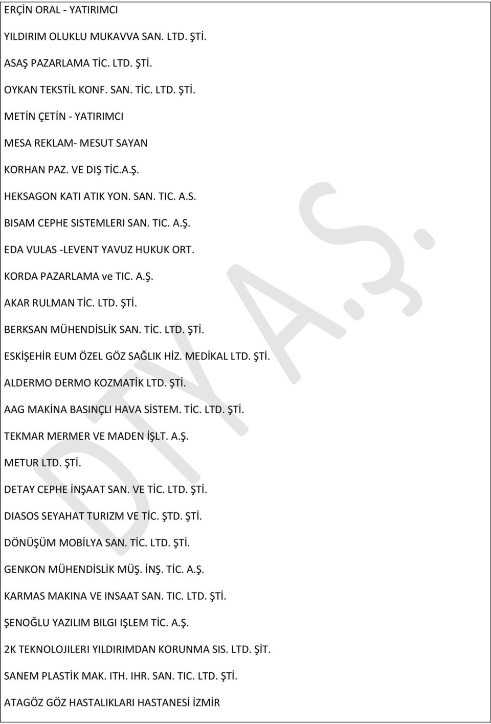 BERKSAN MÜHENDİSLİK SAN. TİC. LTD. ŞTİ. ESKİŞEHİR EUM ÖZEL GÖZ SAĞLIK HİZ. MEDİKAL LTD. ŞTİ. ALDERMO DERMO KOZMATİK LTD. ŞTİ. AAG MAKİNA BASINÇLI HAVA SİSTEM. TİC. LTD. ŞTİ. TEKMAR MERMER VE MADEN İŞLT.