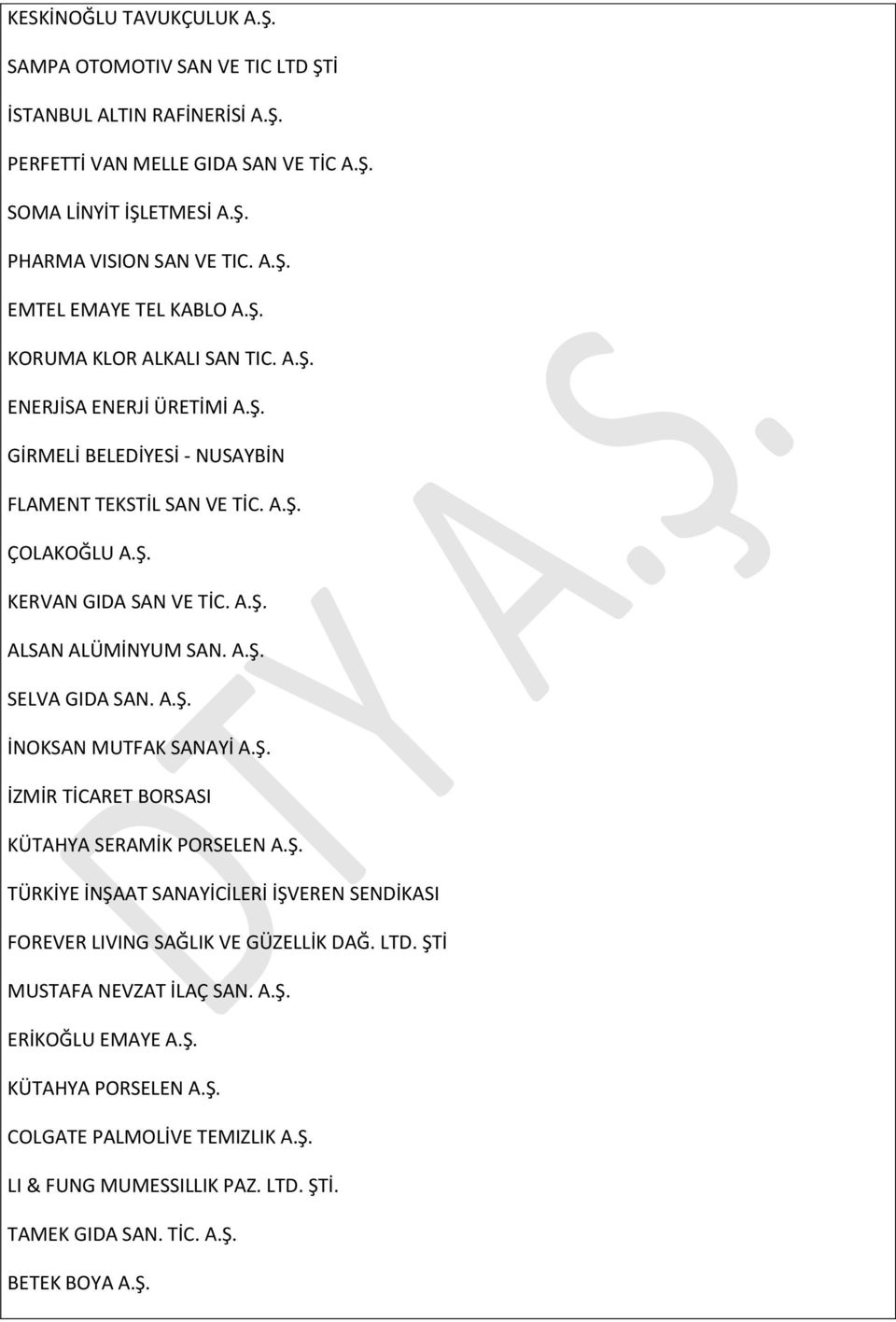 A.Ş. İNOKSAN MUTFAK SANAYİ A.Ş. İZMİR TİCARET BORSASI KÜTAHYA SERAMİK PORSELEN A.Ş. TÜRKİYE İNŞAAT SANAYİCİLERİ İŞVEREN SENDİKASI FOREVER LIVING SAĞLIK VE GÜZELLİK DAĞ. LTD.