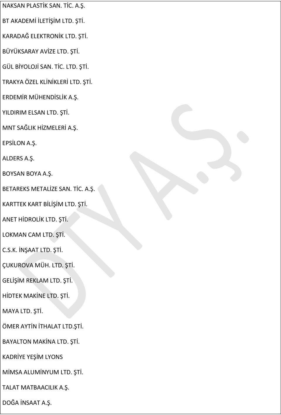 ŞTİ. ANET HİDROLİK LTD. ŞTİ. LOKMAN CAM LTD. ŞTİ. C.S.K. İNŞAAT LTD. ŞTİ. ÇUKUROVA MÜH. LTD. ŞTİ. GELİŞİM REKLAM LTD. ŞTİ. HİDTEK MAKİNE LTD. ŞTİ. MAYA LTD. ŞTİ. ÖMER AYTİN İTHALAT LTD.