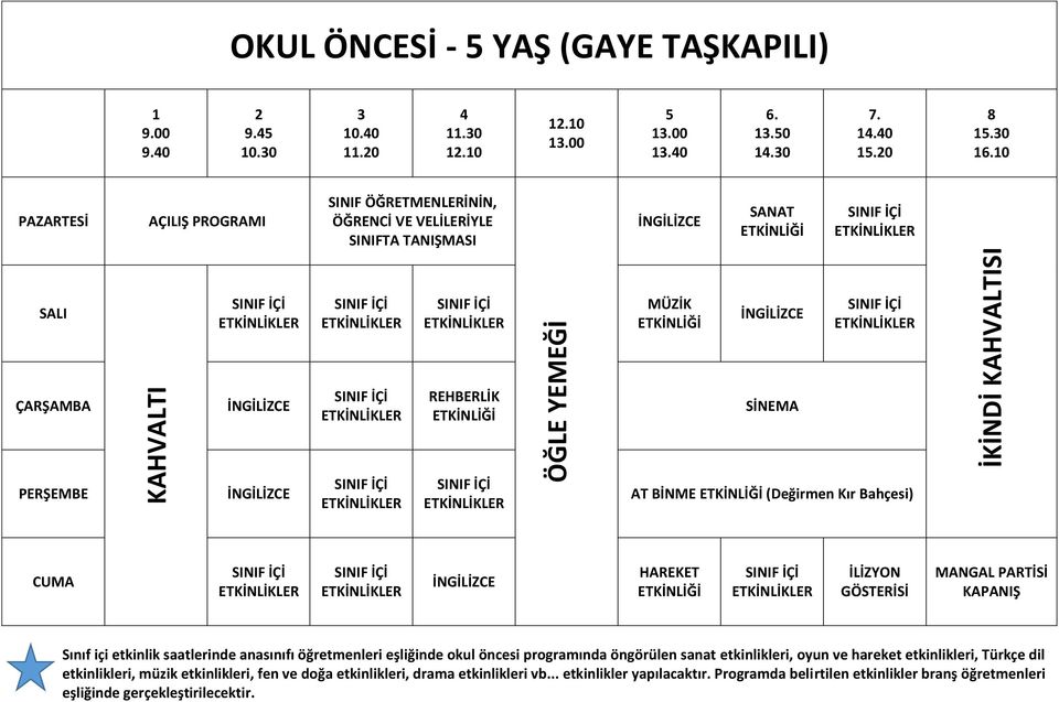 saatlerinde anasınıfı öğretmenleri eşliğinde okul öncesi programında öngörülen sanat etkinlikleri, oyun ve hareket