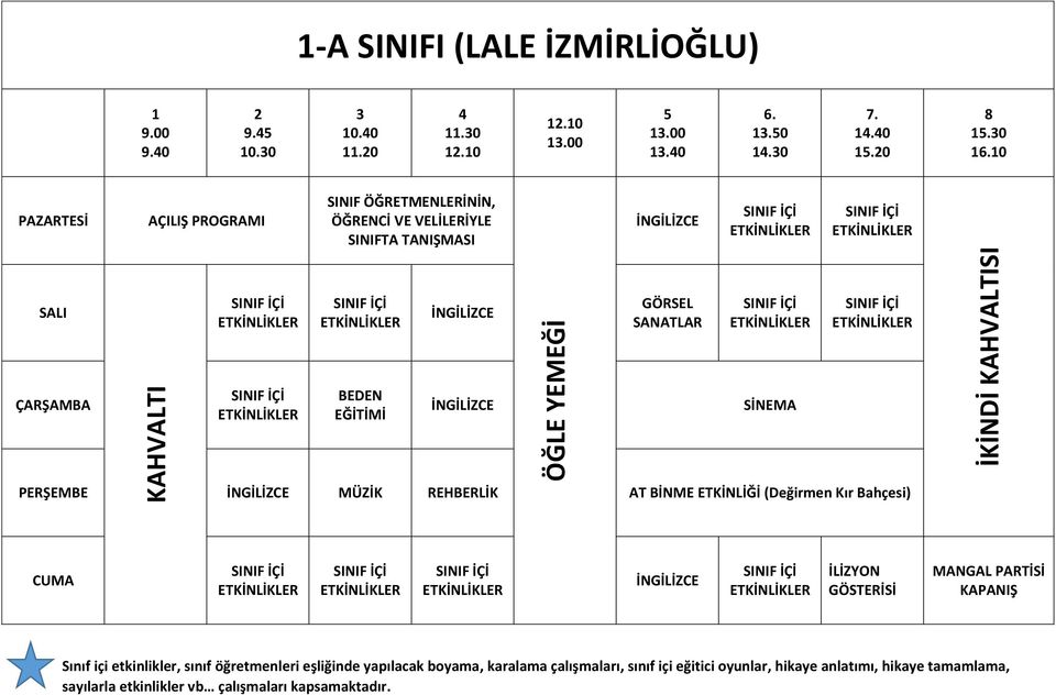 (Değirmen Kır Bahçesi) İKİNDİ SI Sınıf içi etkinlikler, sınıf öğretmenleri eşliğinde