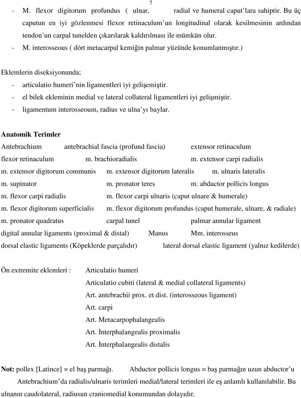 interosseous ( dört metacarpal kemiğin palmar yüzünde konumlanmıştır.) Eklemlerin diseksiyonunda; - articulatio humeri nin ligamentleri iyi gelişemiştir.