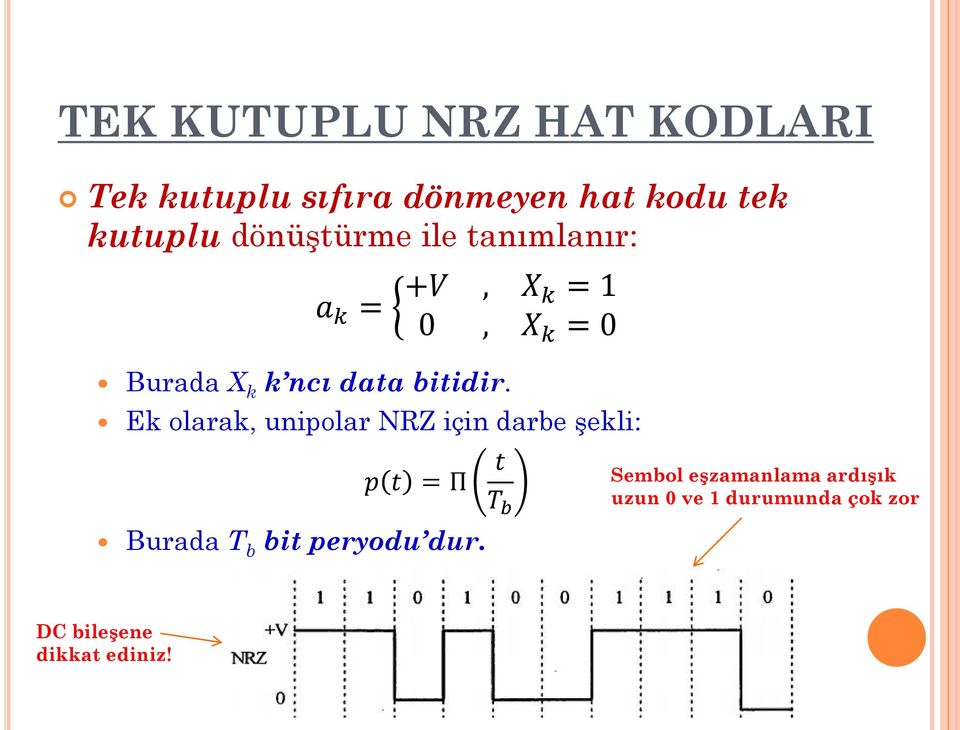 Ek olarak, unipolar NRZ için darbe şekli: Π Burada Tb bit peryodu dur.