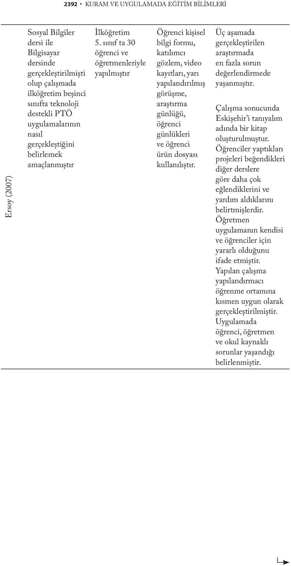 sınıf ta 30 öğrenci ve öğretmenleriyle yapılmıştır Öğrenci kişisel bilgi formu, katılımcı gözlem, video kayıtları, yarı yapılandırılmış görüşme, araştırma günlüğü, öğrenci günlükleri ve öğrenci ürün