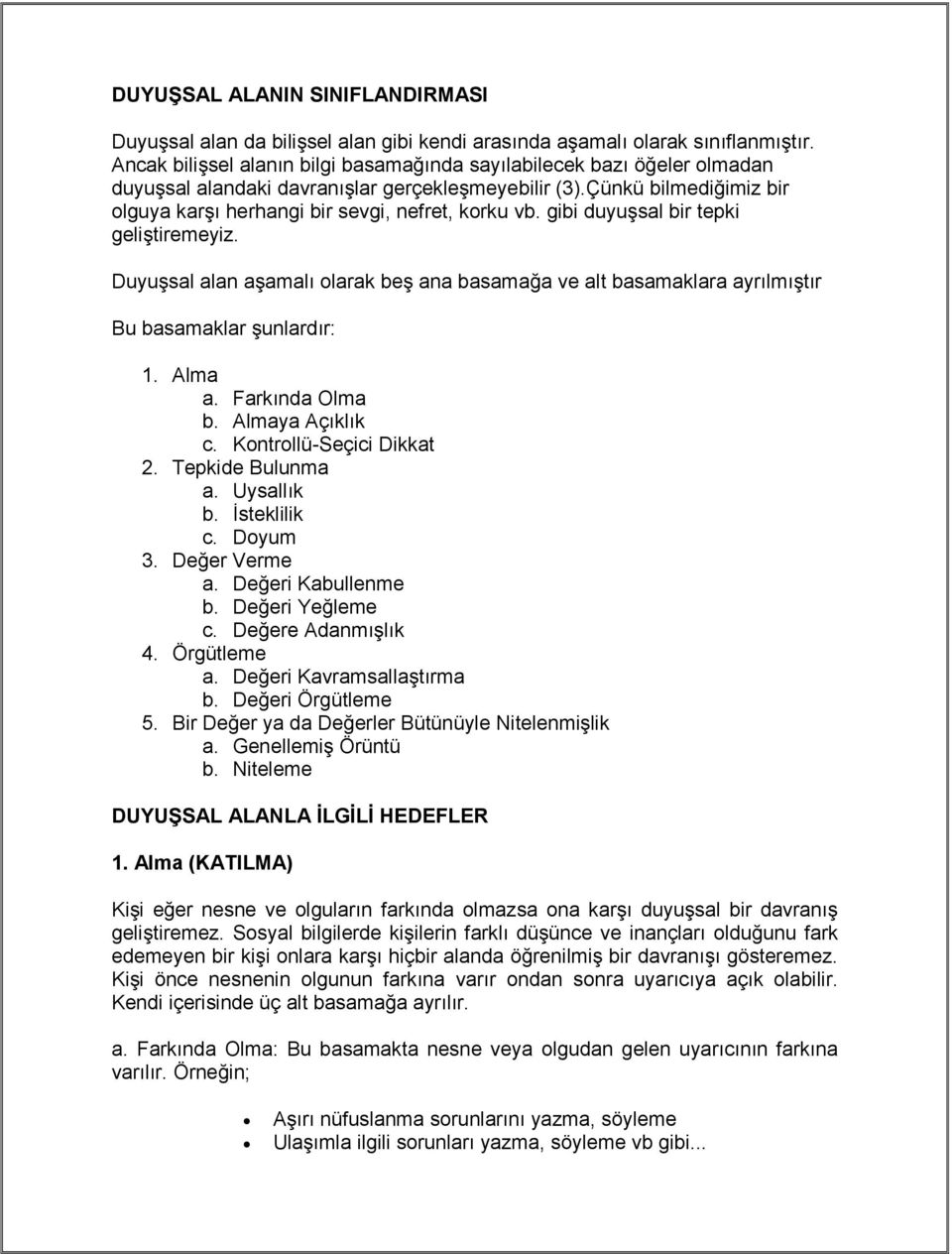 gibi duyuşsal bir tepki geliştiremeyiz. Duyuşsal alan aşamalı olarak beş ana basamağa ve alt basamaklara ayrılmıştır Bu basamaklar şunlardır:. Alma a. Farkında Olma b. Almaya Açıklık c.