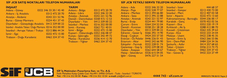 70 Adana - Libra 0322 346 33 20 Antalya - Antmak 0242 221 52 96 Denizli - Demirbakan 0258 415 12 53 Diyarbakır - Yön 0412 339 00 22 İstanbul - Merkez 0216 352 00 00 İzmit - Karataş 0262 721 40 01