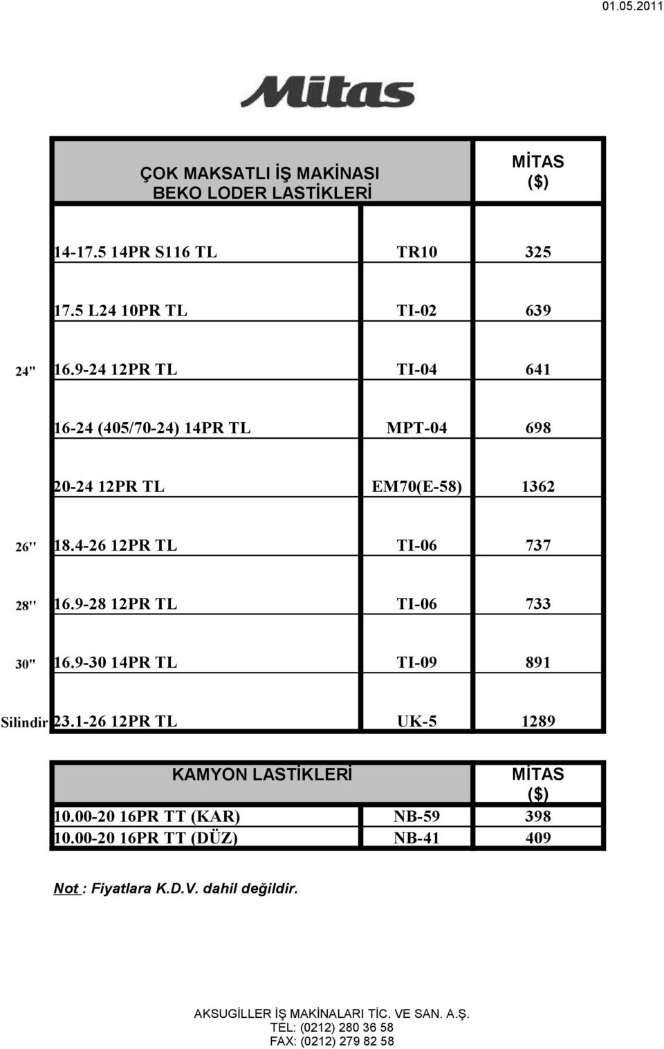 9-24 12PR TL TI-04 641 16-24 (405/70-24) 14PR TL MPT-04 698 20-24 12PR TL EM70(E-58) 1362 26'' 18.