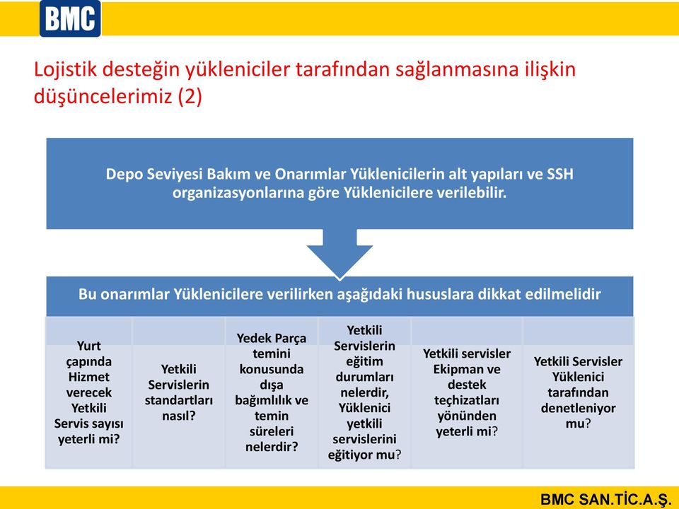 Bu onarımlar Yüklenicilere verilirken aşağıdaki hususlara dikkat edilmelidir Yurt çapında Hizmet verecek Yetkili Servis sayısı yeterli mi?