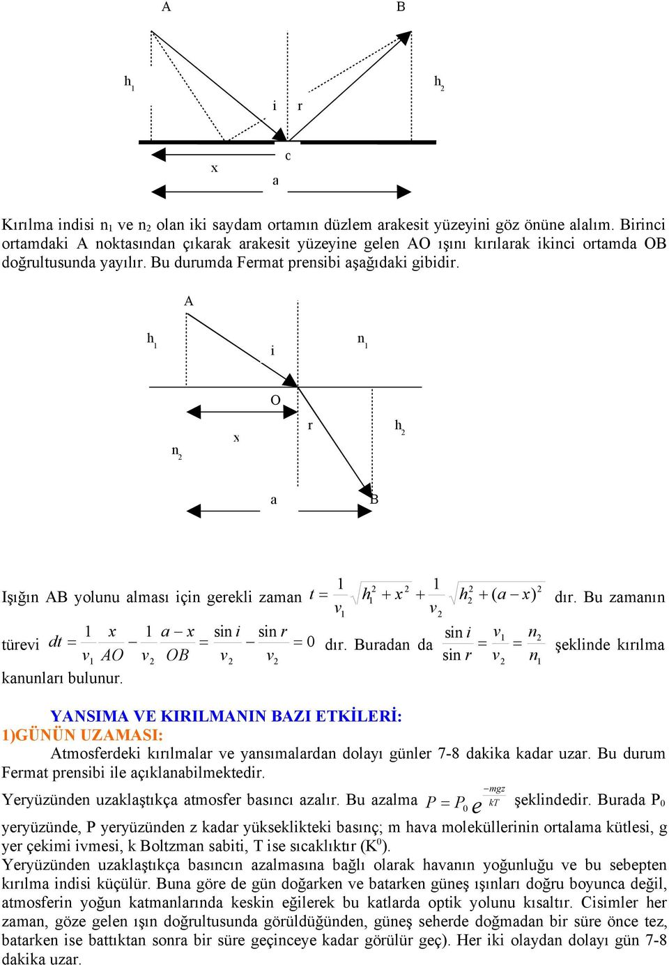 A h i n n x O r h a B Işığın AB yolunu alması için gerekli zaman x a x sin i sin r türevi dt dır. Buradan da v AO v OB v v kanunları bulunur. t h x h ( a x) dır.