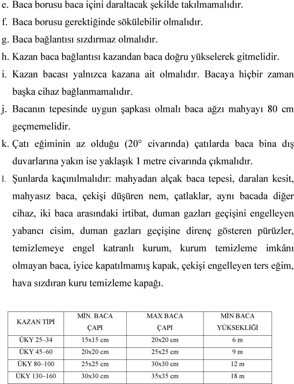 Bacanın tepesinde uygun şapkası olmalı baca ağzı mahyayı 80 cm geçmemelidir. k.