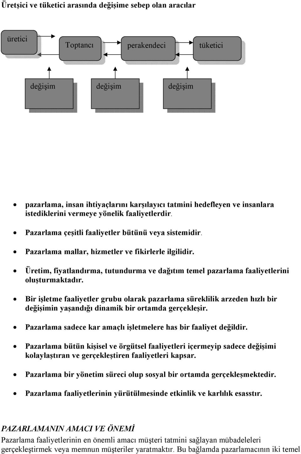 Üretim, fiyatlandırma, tutundurma ve dağıtım temel pazarlama faaliyetlerini oluşturmaktadır.