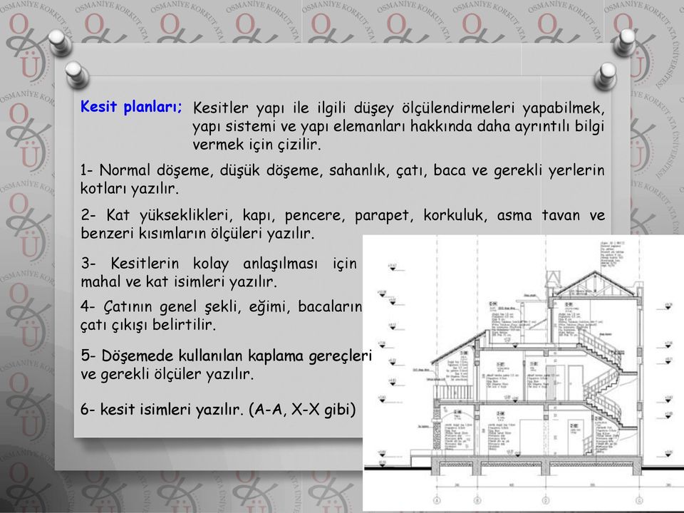 2- Kat yükseklikleri, kapı, pencere, parapet, korkuluk, asma tavan ve benzeri kısımların ölçüleri yazılır.