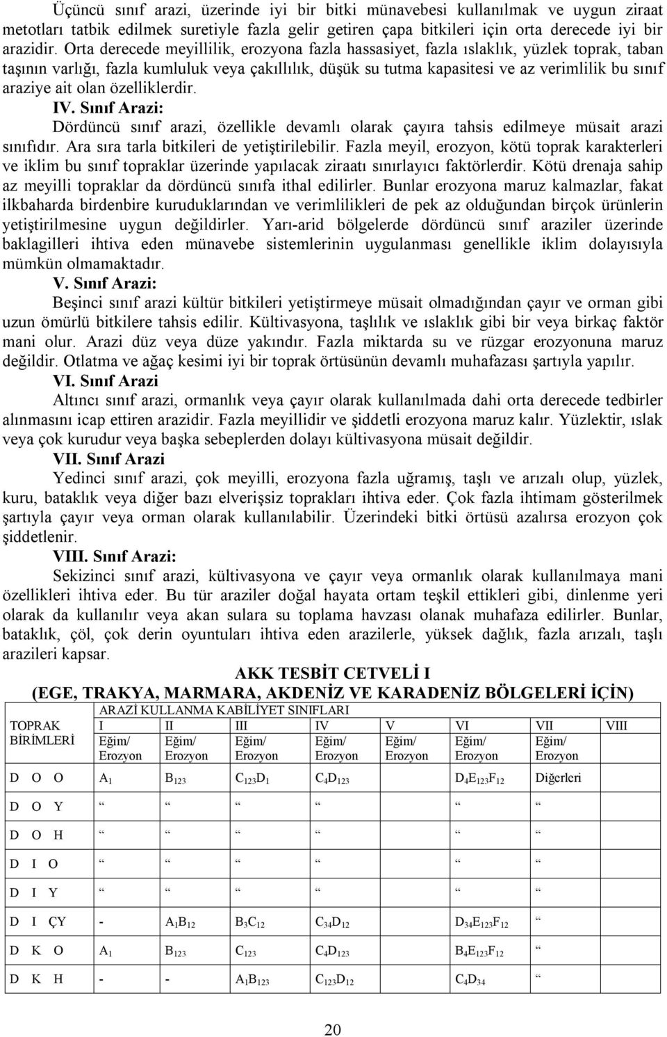 ait olan özelliklerdir. IV. Sınıf Arazi: Dördüncü sınıf arazi, özellikle devamlı olarak çayıra tahsis edilmeye müsait arazi sınıfıdır. Ara sıra tarla bitkileri de yetiştirilebilir.