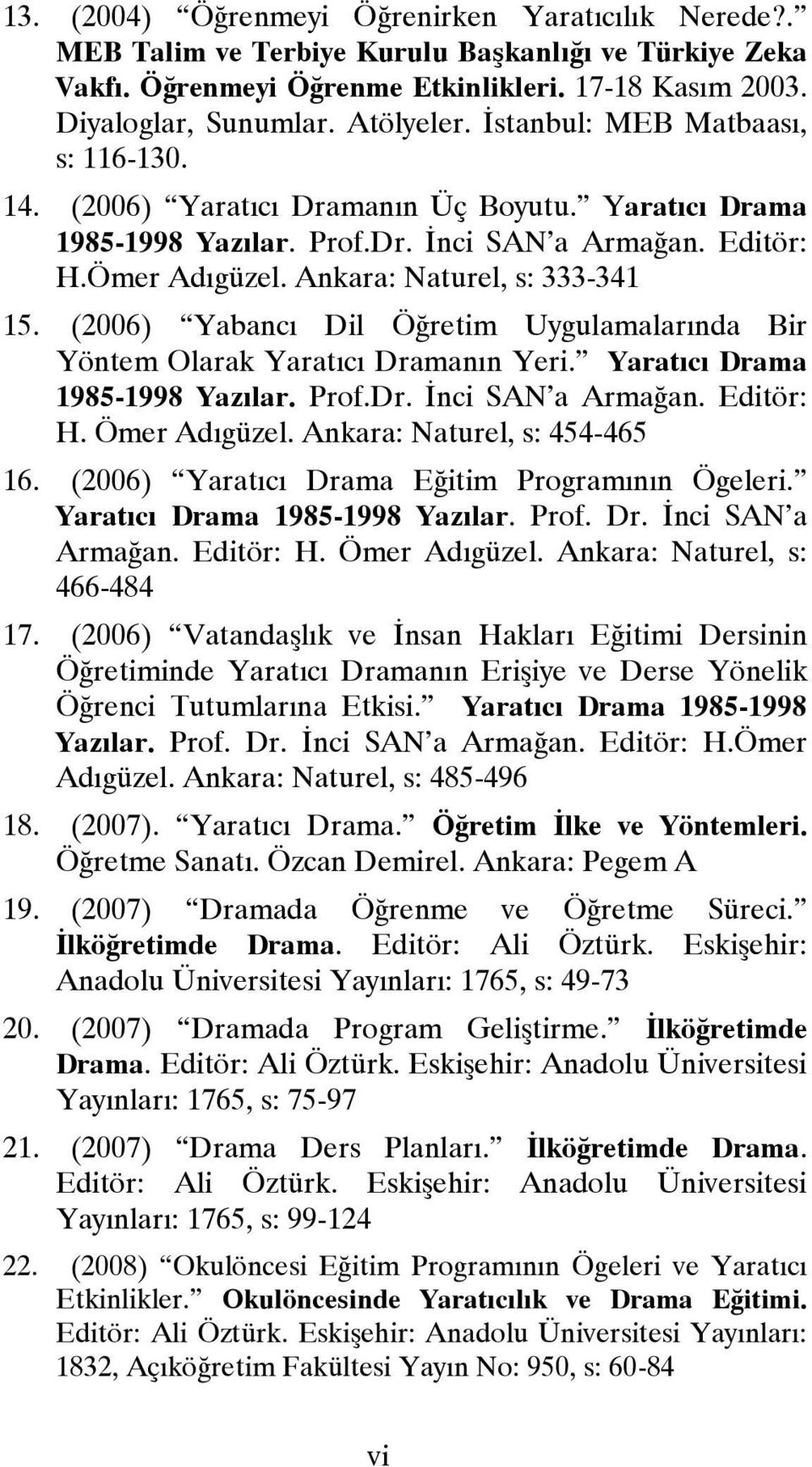 (2006) Yabancı Dil Öğretim Uygulamalarında Bir Yöntem Olarak Yaratıcı Dramanın Yeri. Yaratıcı Drama 1985-1998 Yazılar. Prof.Dr. İnci SAN a Armağan. Editör: H. Ömer Adıgüzel.