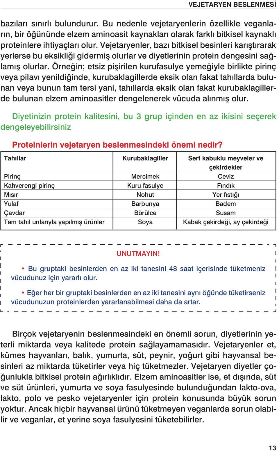 Örneğin; etsiz pişirilen kurufasulye yemeğiyle birlikte pirinç veya pilavı yenildiğinde, kurubaklagillerde eksik olan fakat tahıllarda bulunan veya bunun tam tersi yani, tahıllarda eksik olan fakat