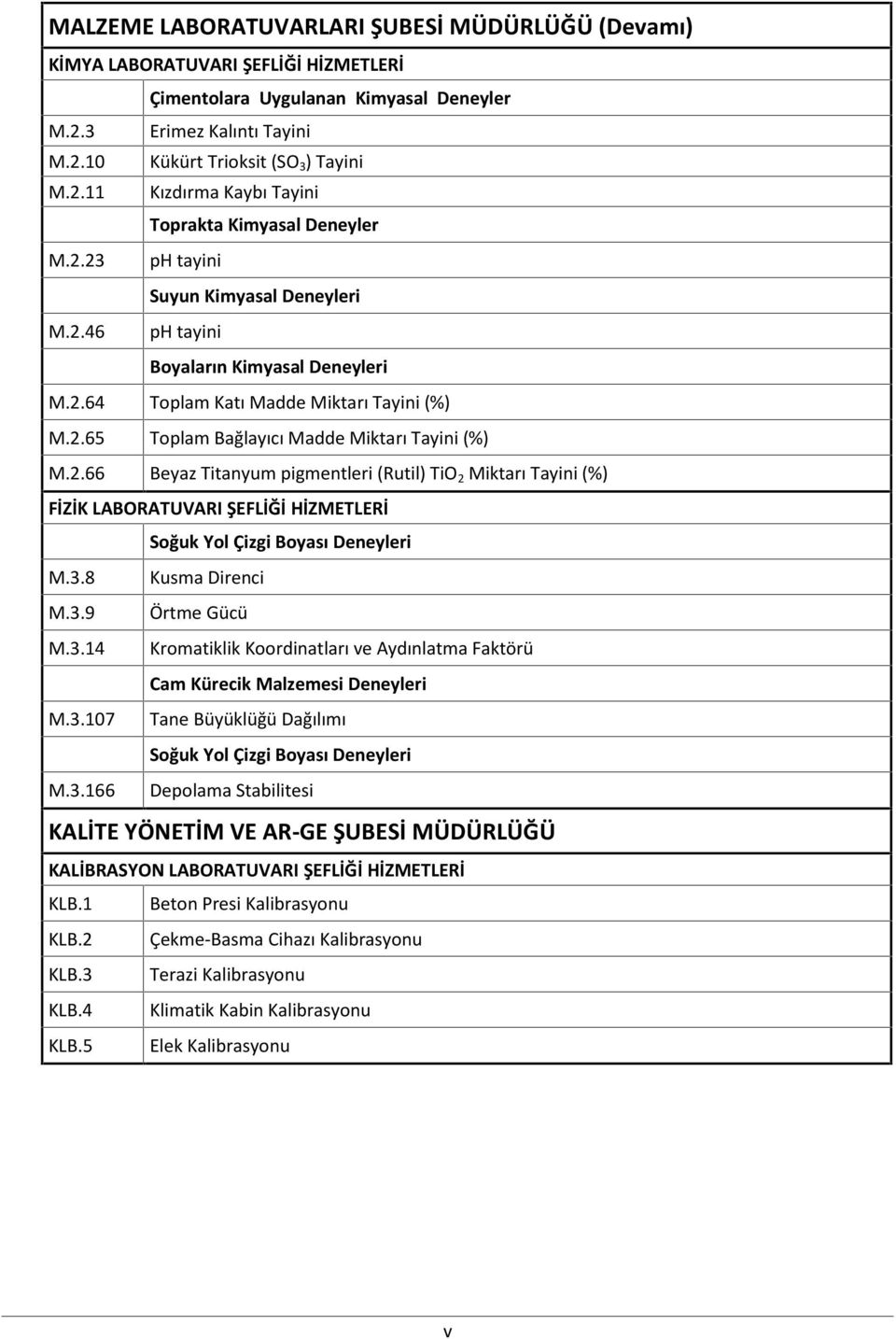 3.8 Kusma Direnci M.3.9 Örtme Gücü M.3.14 Kromatiklik Koordinatları ve Aydınlatma Faktörü Cam Kürecik Malzemesi Deneyleri M.3.107 Tane Büyüklüğü Dağılımı Soğuk Yol Çizgi Boyası Deneyleri M.3.166 Depolama Stabilitesi KALİTE YÖNETİM VE AR-GE ŞUBESİ MÜDÜRLÜĞÜ KALİBRASYON LABORATUVARI ŞEFLİĞİ HİZMETLERİ KLB.