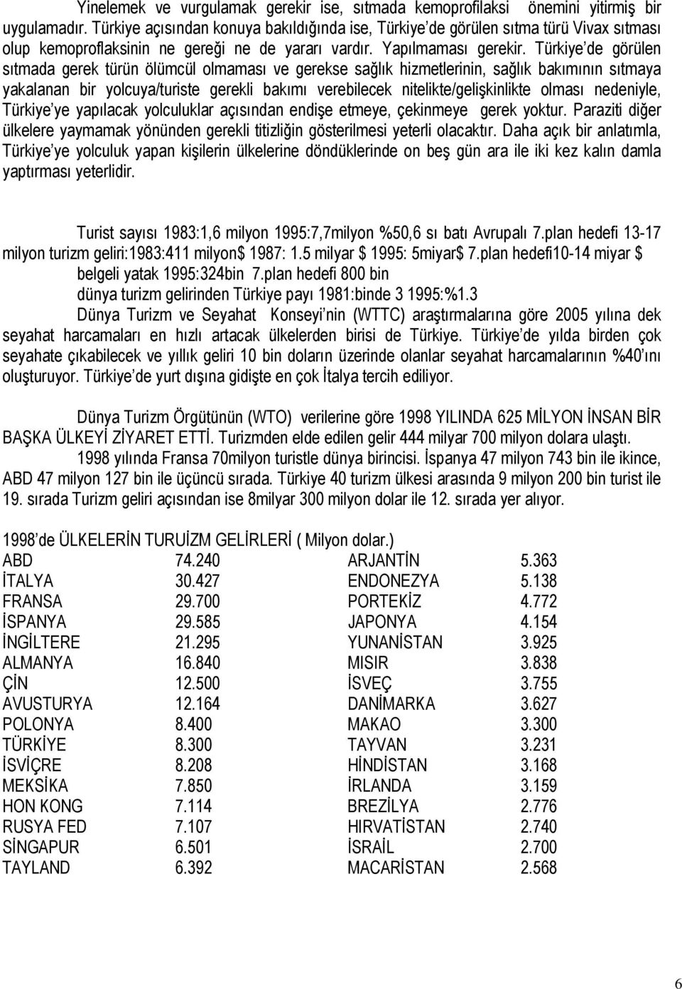 Türkiye de görülen sıtmada gerek türün ölümcül olmaması ve gerekse sağlık hizmetlerinin, sağlık bakımının sıtmaya yakalanan bir yolcuya/turiste gerekli bakımı verebilecek nitelikte/gelişkinlikte