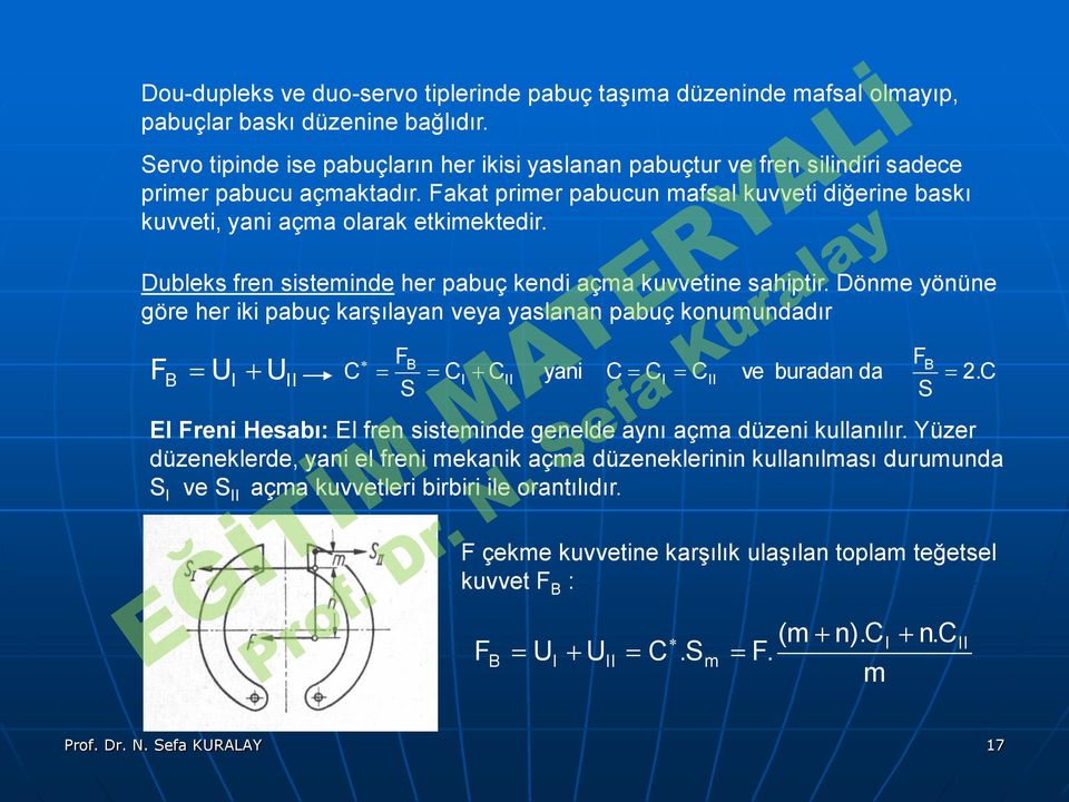 pabuç karşılayan veya yaslanan pabuç konumundadır F B U I U II C FB S C I C II yani C C I C II ve buradan da El Freni Hesabı: El fren sisteminde genelde aynı açma düzeni kullanılır Yüzer