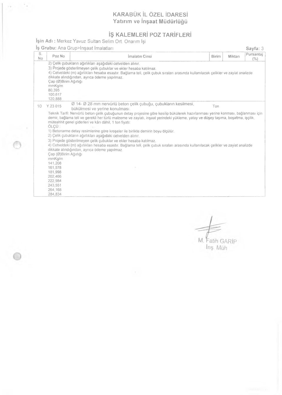 4) Cetveldeki (m) ağırlıkları hesaba esastır. Bağlama teli, çelik çubuk sıraları arasında kullanılacak çelikler ve zayiat analizde dikkate alındığından, ayrıca ödeme yapılmaz.