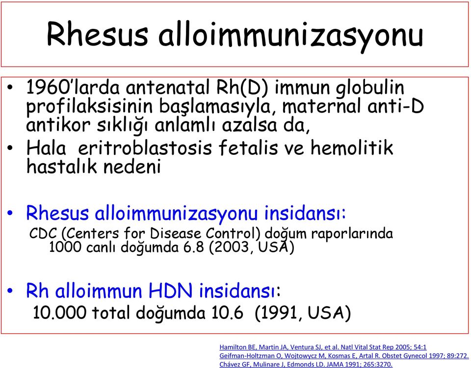 canlı doğumda 6.8 (2003, USA) Rh alloimmun HDN insidansı: 10.000 total doğumda 10.6 (1991, USA) Hamilton BE, Martin JA, Ventura SJ, et al.