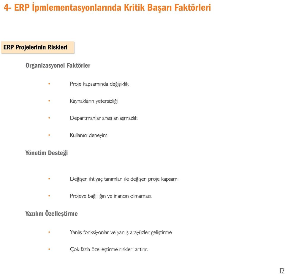 Yönetim Desteği Değişen ihtiyaç tanımları ile değişen proje kapsamı Projeye bağlılığın ve inancın olmaması.