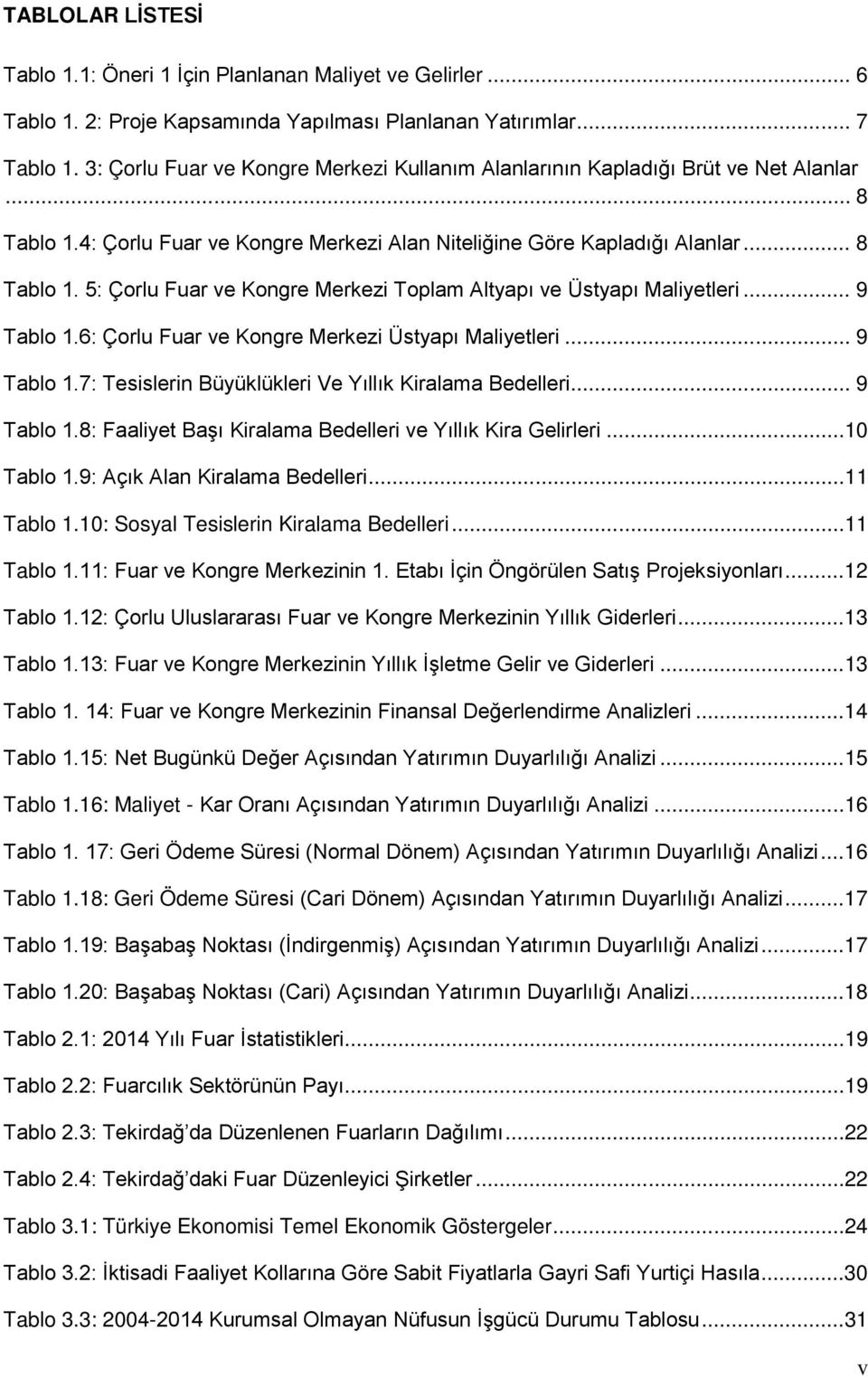 .. 9 Tablo 1.6: Çorlu Fuar ve Kongre Merkezi Üstyapı Maliyetleri... 9 Tablo 1.7: Tesislerin Büyüklükleri Ve Yıllık Kiralama Bedelleri... 9 Tablo 1.8: Faaliyet Başı Kiralama Bedelleri ve Yıllık Kira Gelirleri.