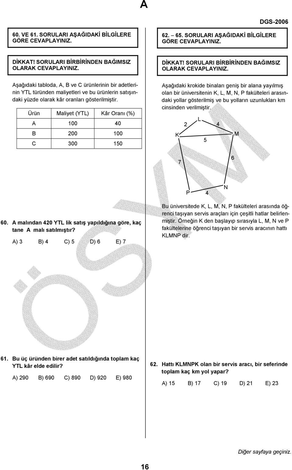 Aşağıdaki tabloda, A, B ve C ürünlerinin bir adetlerinin YTL türünden maliyetleri ve bu ürünlerin satışındaki yüzde olarak kâr oranları gösterilmiştir.