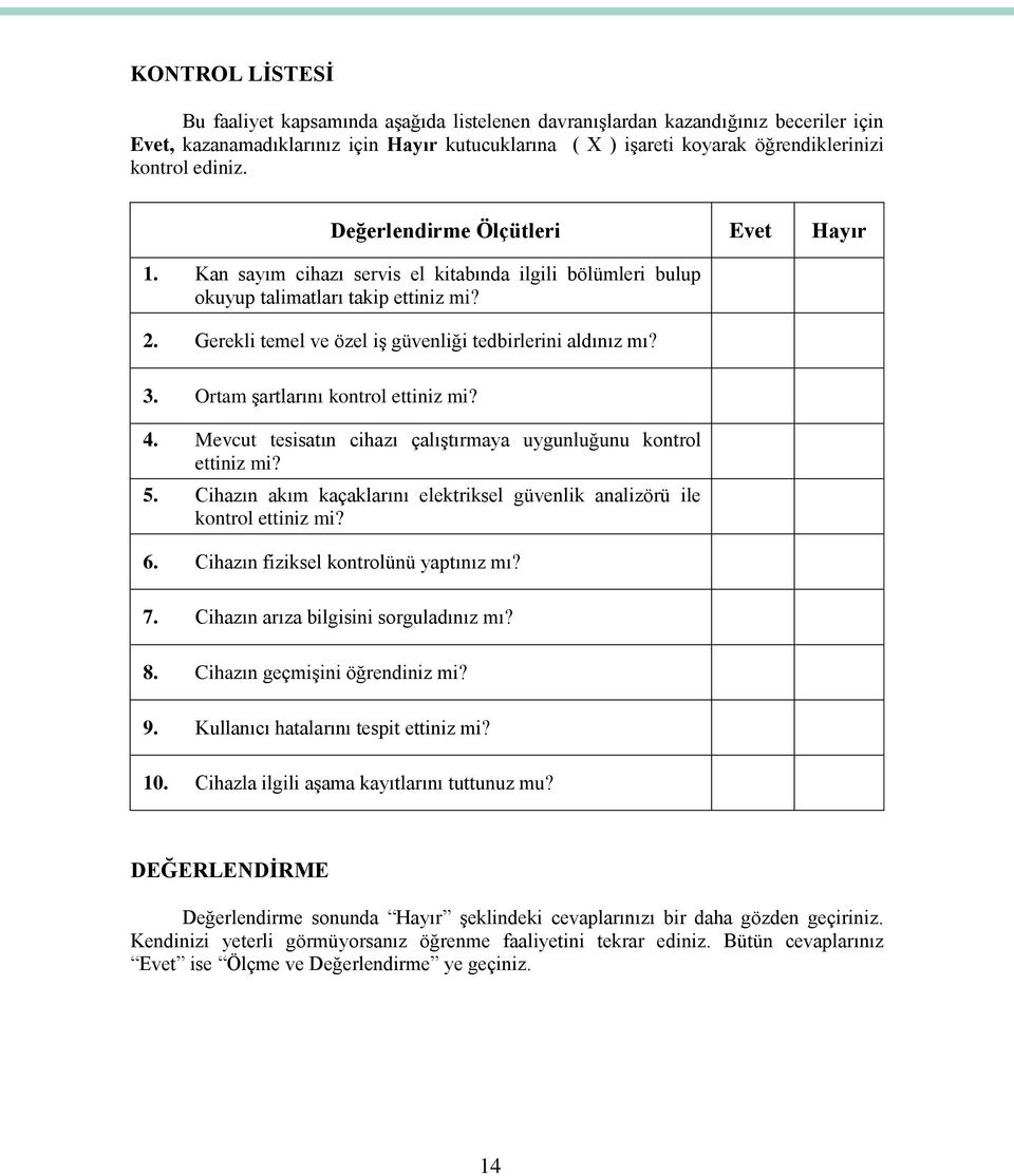 Gerekli temel ve özel iş güvenliği tedbirlerini aldınız mı? 3. Ortam şartlarını kontrol ettiniz mi? 4. Mevcut tesisatın cihazı çalıştırmaya uygunluğunu kontrol ettiniz mi? 5.