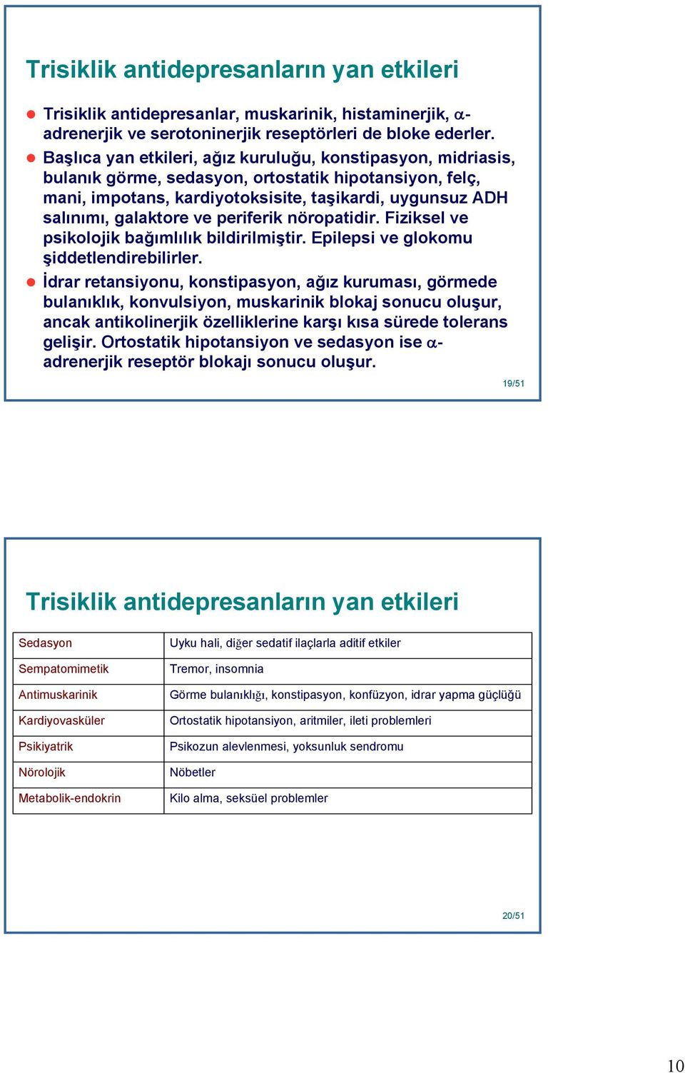 periferik nöropatidir. Fiziksel ve psikolojik bağımlılık bildirilmiştir. Epilepsi ve glokomu şiddetlendirebilirler.