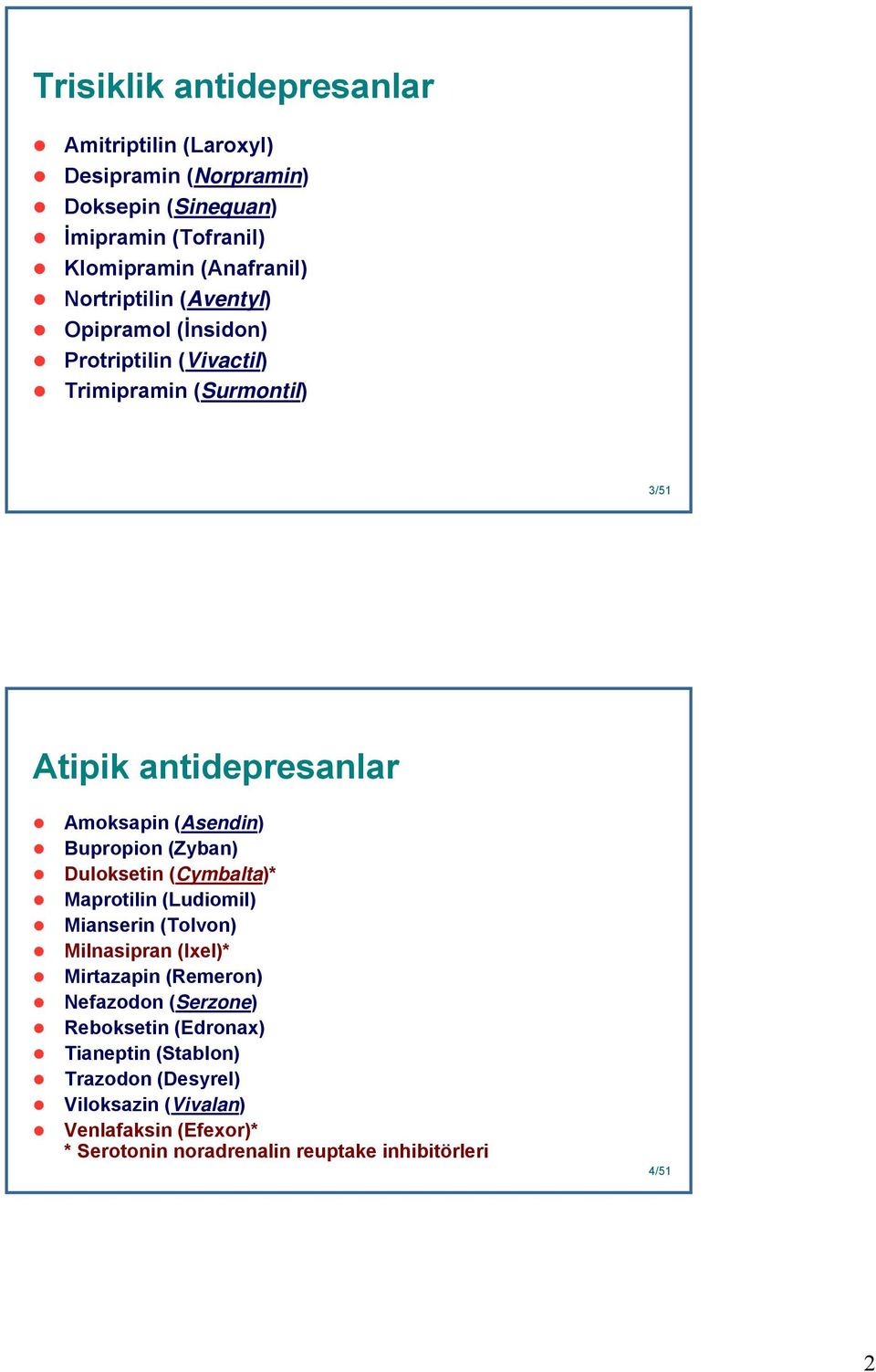 Bupropion (Zyban) Duloksetin (Cymbalta)* Maprotilin (Ludiomil) Mianserin (Tolvon) Milnasipran (Ixel)* Mirtazapin (Remeron) Nefazodon (Serzone)