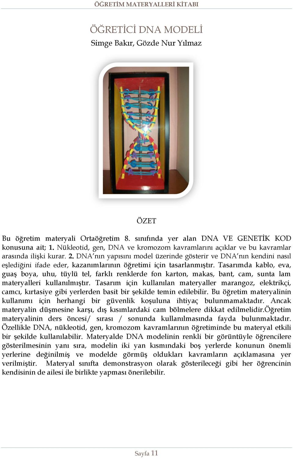 DNA nın yapısını model üzerinde gösterir ve DNA nın kendini nasıl eşlediğini ifade eder, kazanımlarının öğretimi için tasarlanmıştır.