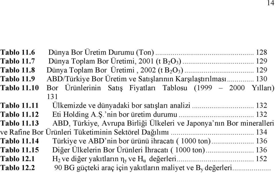 .. 132 Tablo 11.13 ABD, Türkiye, Avrupa Birliği Ülkeleri ve Japonya nın Bor mineralleri ve Rafine Bor Ürünleri Tüketiminin Sektörel Dağılımı... 134 Tablo 11.