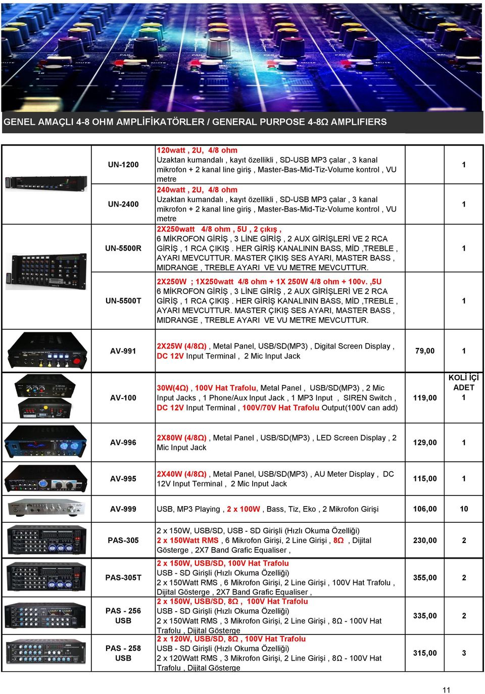 Master-Bas-Mid-Tiz-Volume kontrol, VU metre 2X250watt 4/8 ohm, 5U, 2 çıkış, 6 MİKROFON GİRİŞ, 3 LİNE GİRİŞ, 2 AUX GİRİŞLERİ VE 2 RCA GİRİŞ, RCA ÇIKIŞ.