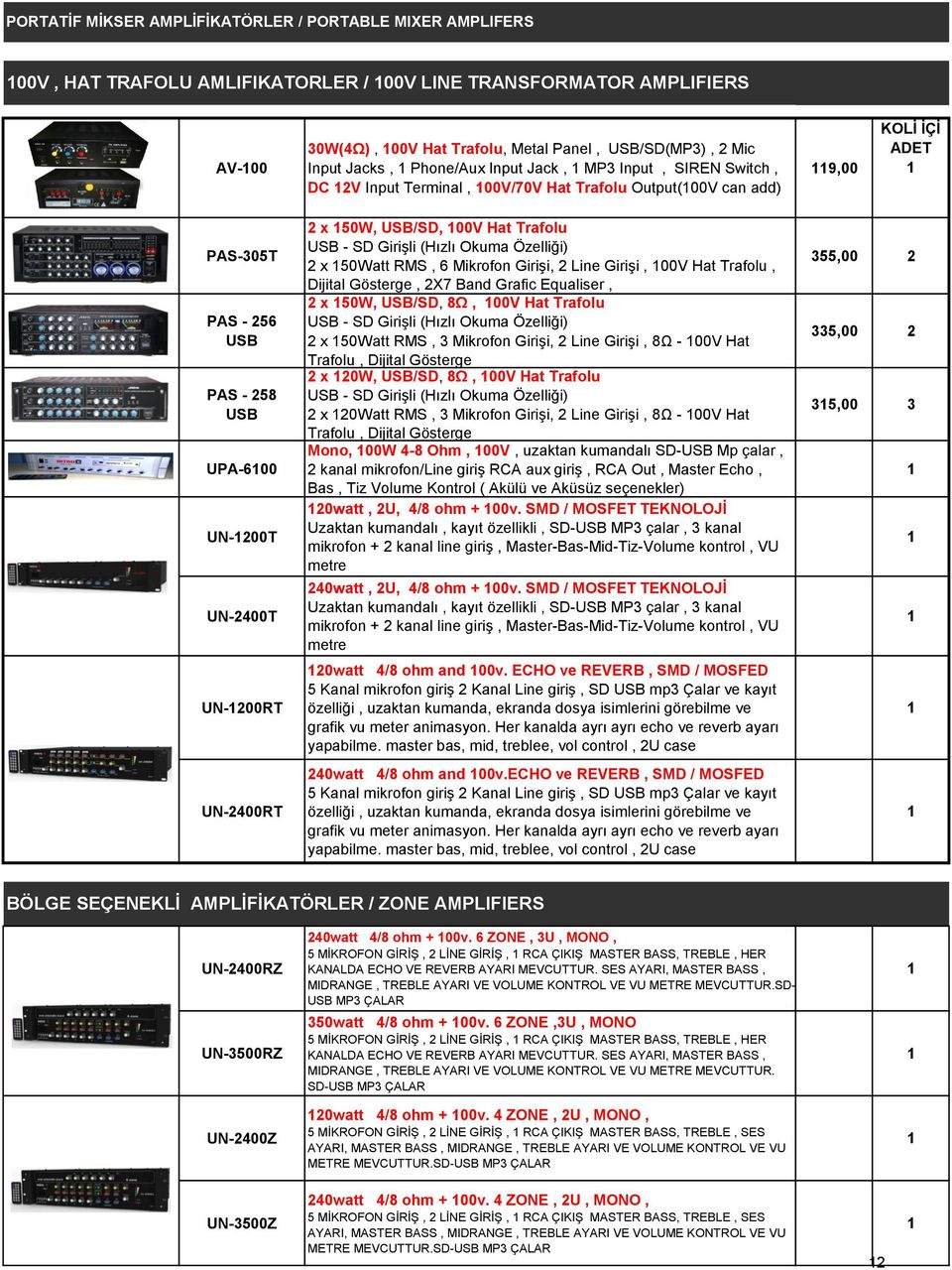 UN-2400RT 2 x 50W, USB/SD, 00V Hat Trafolu USB - SD Girişli (Hızlı Okuma Özelliği) 2 x 50Watt RMS, 6 Mikrofon Girişi, 2 Line Girişi, 00V Hat Trafolu, Dijital Gösterge, 2X7 Band Grafic Equaliser, 2 x