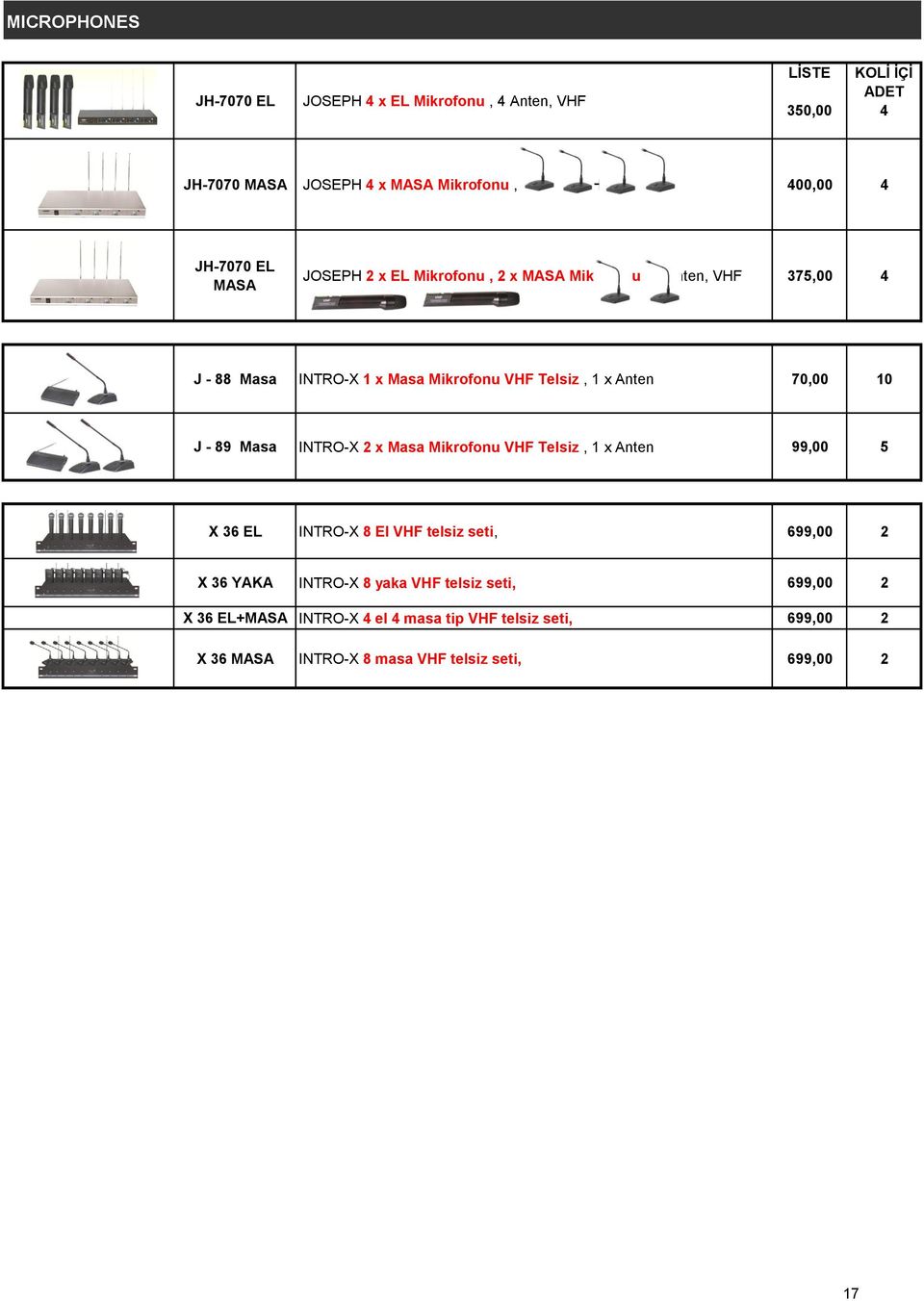 Anten 70,00 0 J - 89 Masa INTRO-X 2 x Masa Mikrofonu VHF Telsiz, x Anten 99,00 5 X 36 EL INTRO-X 8 El VHF telsiz seti, 699,00 2 X 36 YAKA INTRO-X