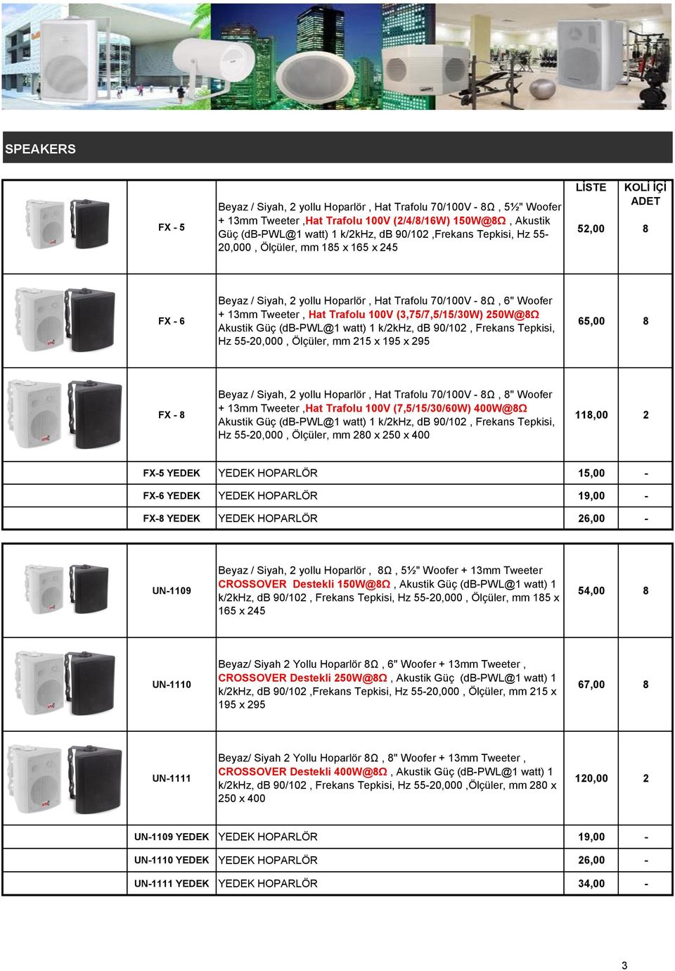 250W@8Ω Akustik Güç (db-pwl@ watt) k/2khz, db 90/02, Frekans Tepkisi, Hz 55-20,000, Ölçüler, mm 25 x 95 x 295 65,00 8 FX - 8 Beyaz / Siyah, 2 yollu Hoparlör, Hat Trafolu 70/00V - 8Ω, 8" Woofer + 3mm