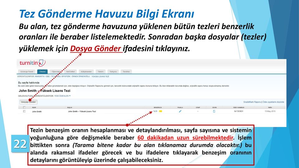 John Smith Tezin benzeşim oranın hesaplanması ve detaylandırılması, sayfa sayısına ve sistemin yoğunluğuna göre değişmekle beraber 60 dakikadan uzun