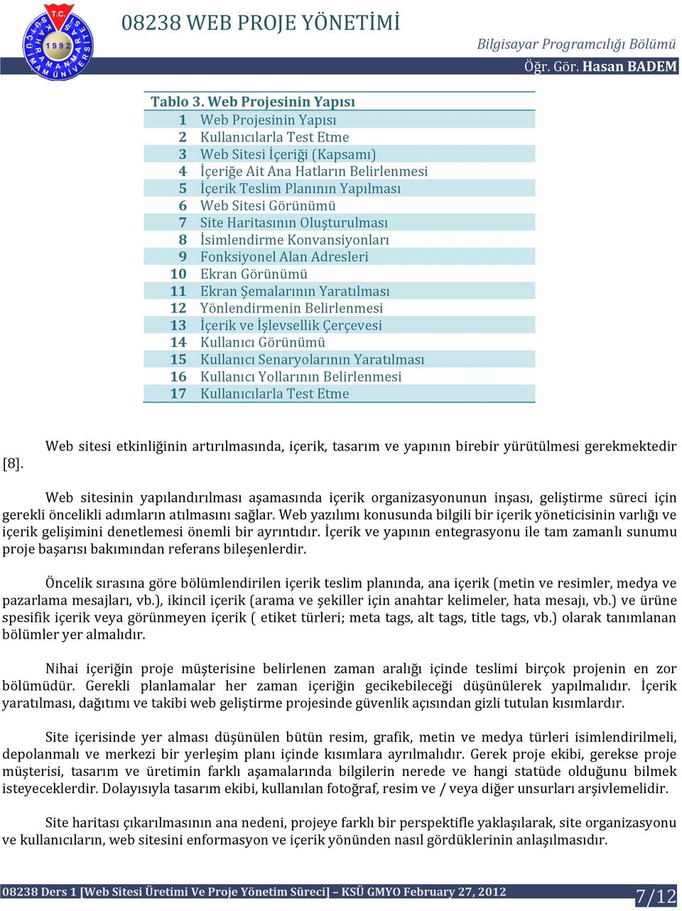 Görünümü 7 Site Haritasının Oluşturulması 8 İsimlendirme Konvansiyonları 9 Fonksiyonel Alan Adresleri 10 Ekran Görünümü 11 Ekran Şemalarının Yaratılması 12 Yönlendirmenin Belirlenmesi 13 İçerik ve