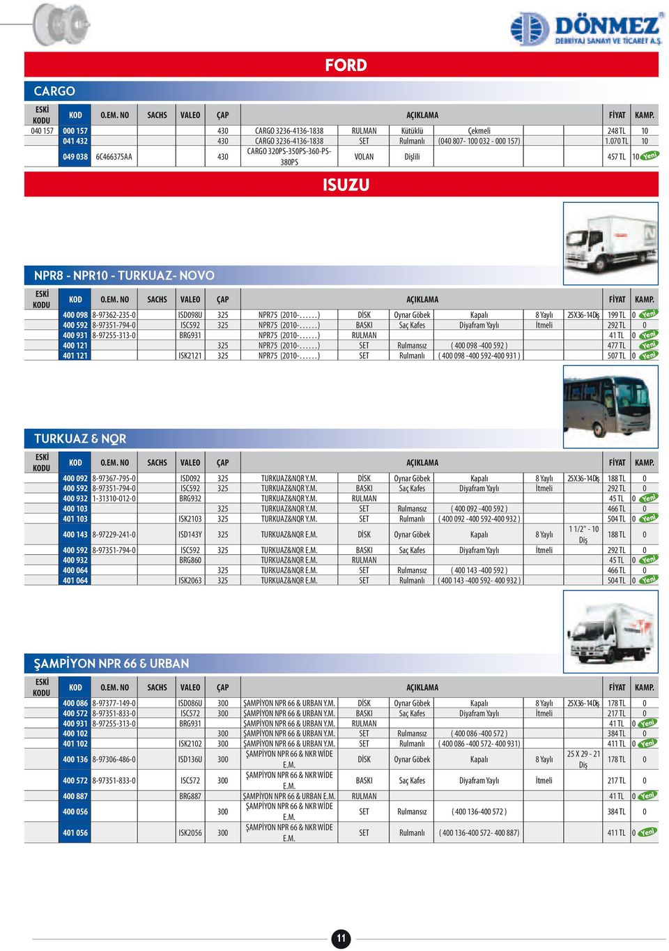 Yaylı 25 X 36-14 199 TL 0 400 592 8-97351-794-0 ISC592 325 NPR75 (2010- ) BASKI Saç Kafes Diyafram Yaylı İtmeli 292 TL 0 400 931 8-97255-313-0 BRG931 NPR75 (2010- ) RULMAN 41 TL 0 400 121 325 NPR75