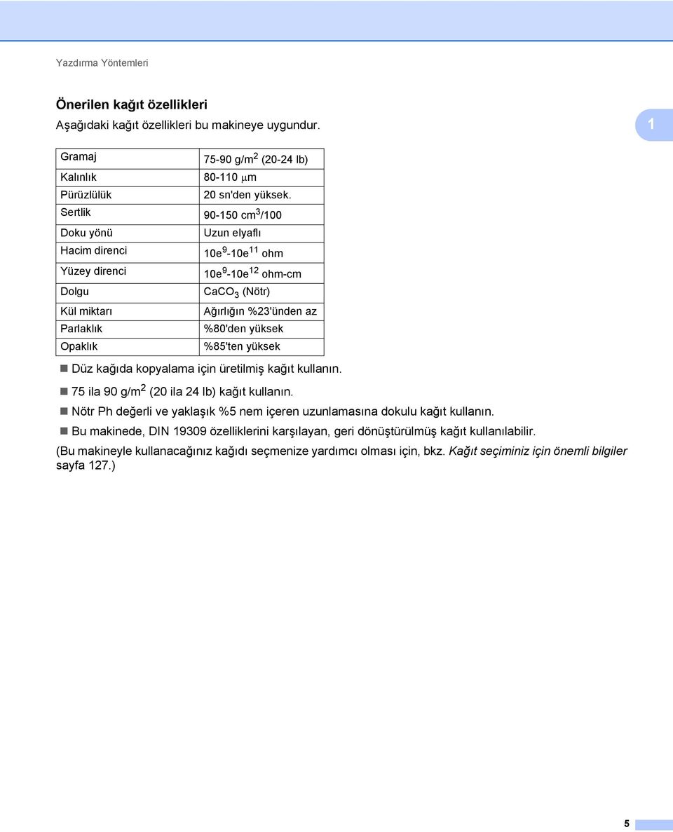 Opaklık %85'ten yüksek Düz kağıda kopyalama için üretilmiş kağıt kullanın. 75 ila 90 g/m 2 (20 ila 24 lb) kağıt kullanın.