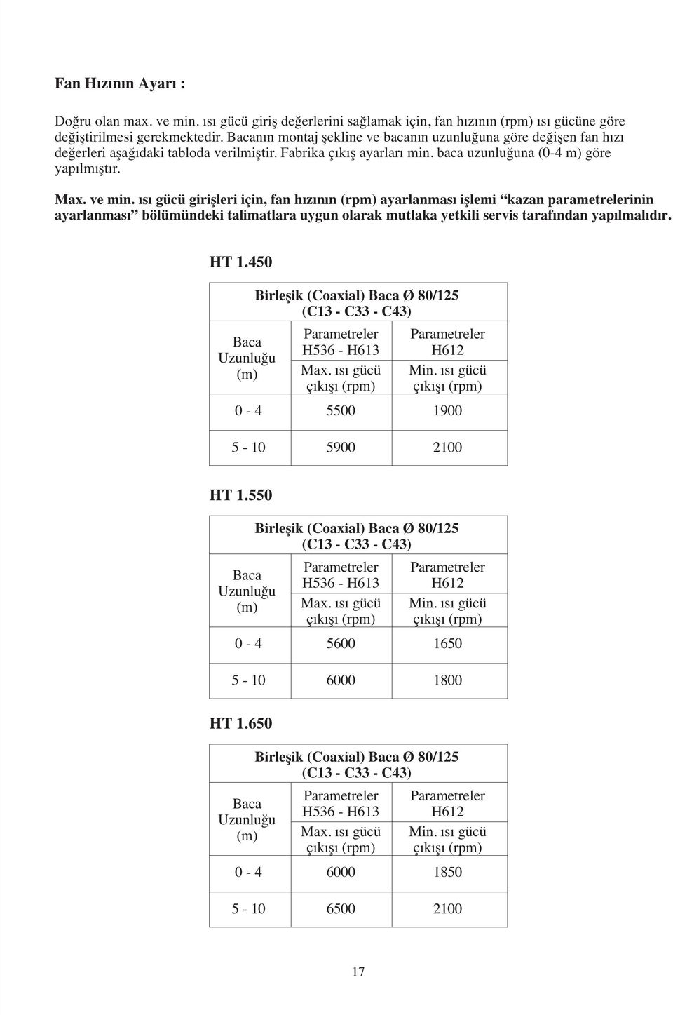 s gücü giriflleri için, fan h z n n (rpm) ayarlanmas ifllemi kazan parametrelerinin ayarlanmas bölümündeki talimatlara uygun olarak mutlaka yetkili servis taraf ndan yap lmal d r. HT 1.