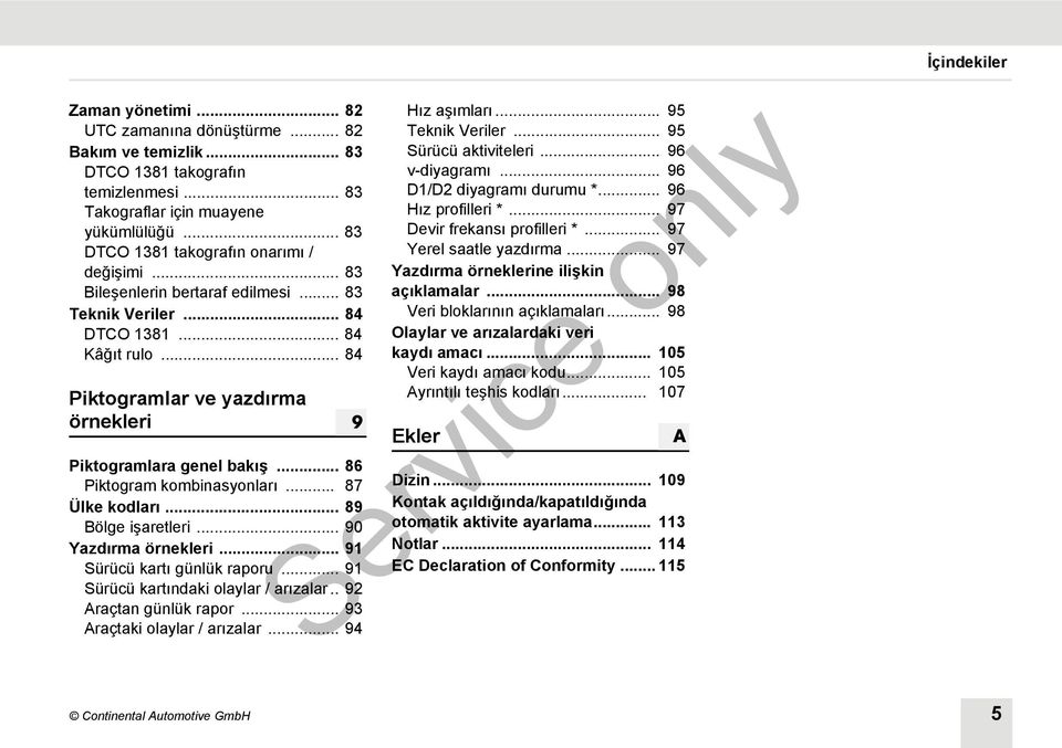 .. 87 Ülke kodları... 89 Bölge işaretleri... 90 Yazdırma örnekleri... 91 Sürücü kartı günlük raporu... 91 Sürücü kartındaki olaylar / arızalar.. 92 Araçtan günlük rapor.