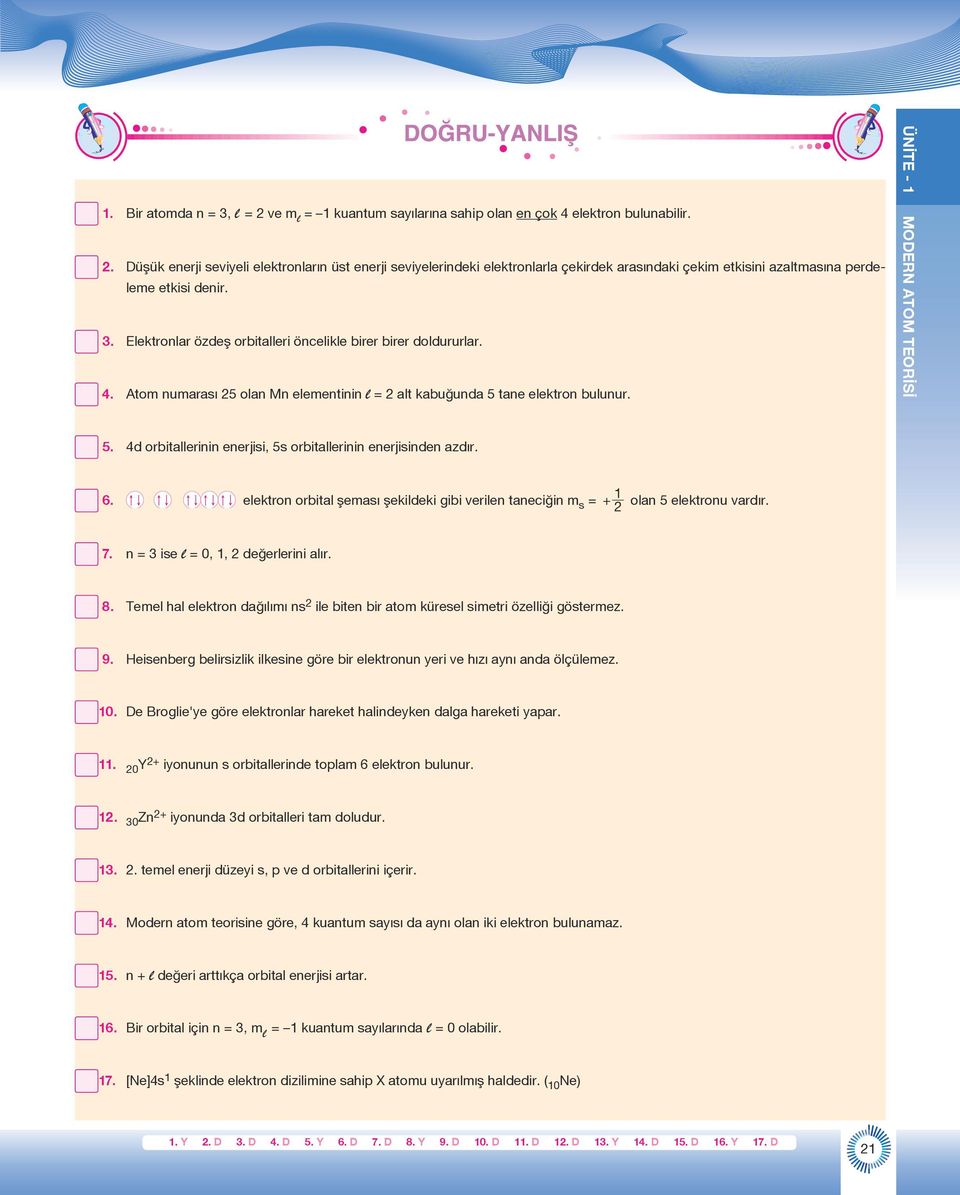 6. -. -. -. -. -. elektron orbital şeması şekildeki gibi verilen taneciğin m s = 1 + 2 olan 5 elektronu vardır. 7. n = 3 ise l = 0, 1, 2 değerlerini alır. 8.