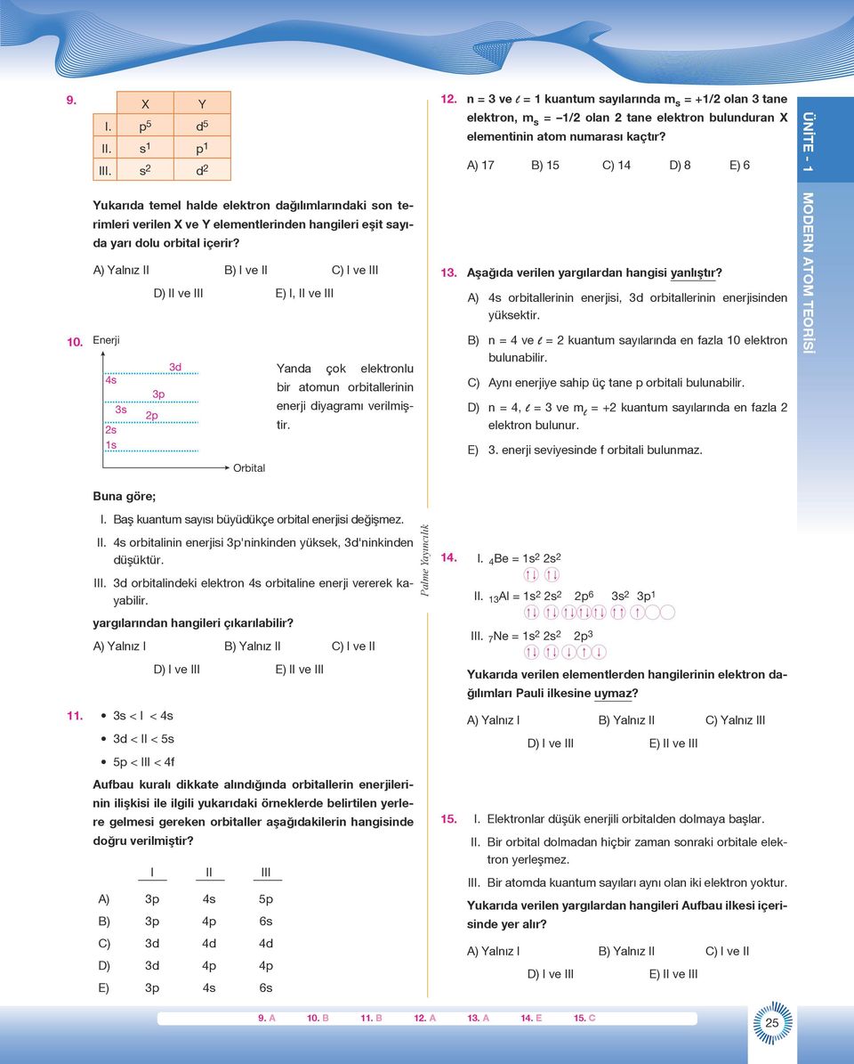 n = 3 ve l = 1 kuantum sayılarında m s = +1/2 olan 3 tane elektron, m s = 1/2 olan 2 tane elektron bulunduran X elementinin atom numarası kaçtır? A) 17 B) 15 C) 14 D) 8 E) 6 13.