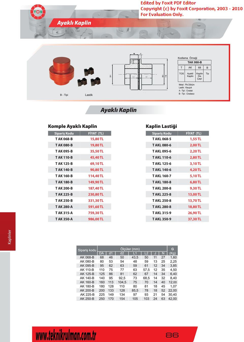 AK 350-A 986,00 TL Kaplin Lastiği T AKL 068-5 1,55 TL T AKL 080-6 2,00 TL T AKL 095-6 2,20 TL T AKL 110-6 2,80 TL T AKL 125-6 3,10 TL T AKL 140-6 4,20 TL T AKL