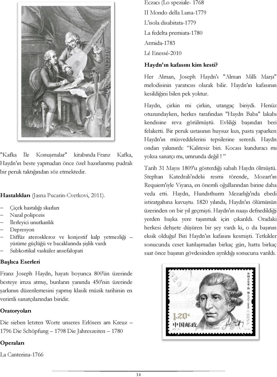 "Kafka İle Konuşmalar" kitabında Franz Kafka, Haydn'ın beste yapmadan önce özel hazırlanmış pudralı bir peruk taktığından söz etmektedir. Hastalıkları (Jasna Pucarin-Cvetkovi, 2011).