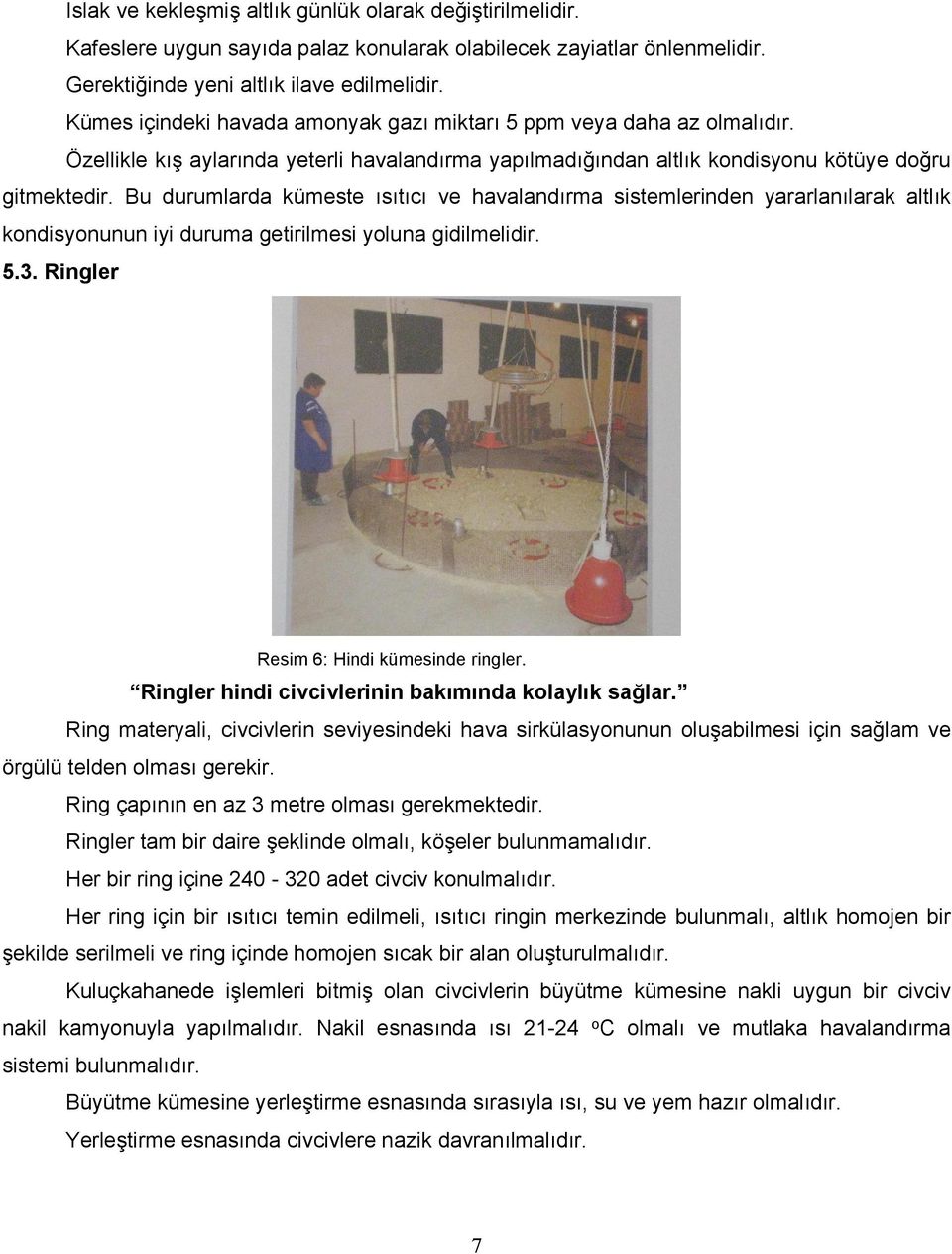 Bu durumlarda kümeste ısıtıcı ve havalandırma sistemlerinden yararlanılarak altlık kondisyonunun iyi duruma getirilmesi yoluna gidilmelidir. 5.3. Ringler Resim 6: Hindi kümesinde ringler.