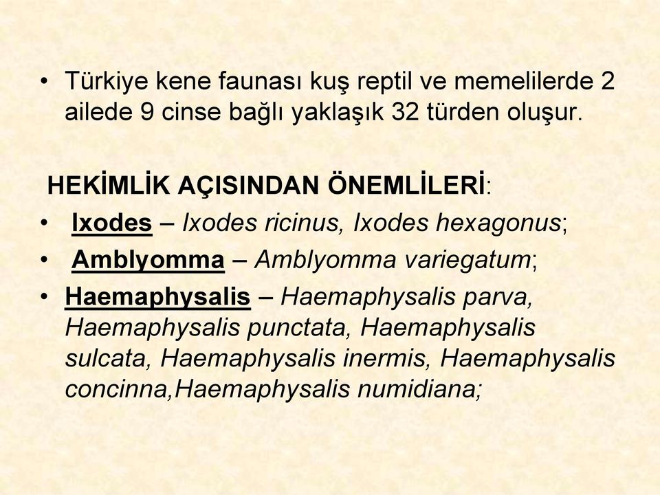 HEKİMLİK AÇISINDAN ÖNEMLİLERİ: Ixodes Ixodes ricinus, Ixodes hexagonus; Amblyomma